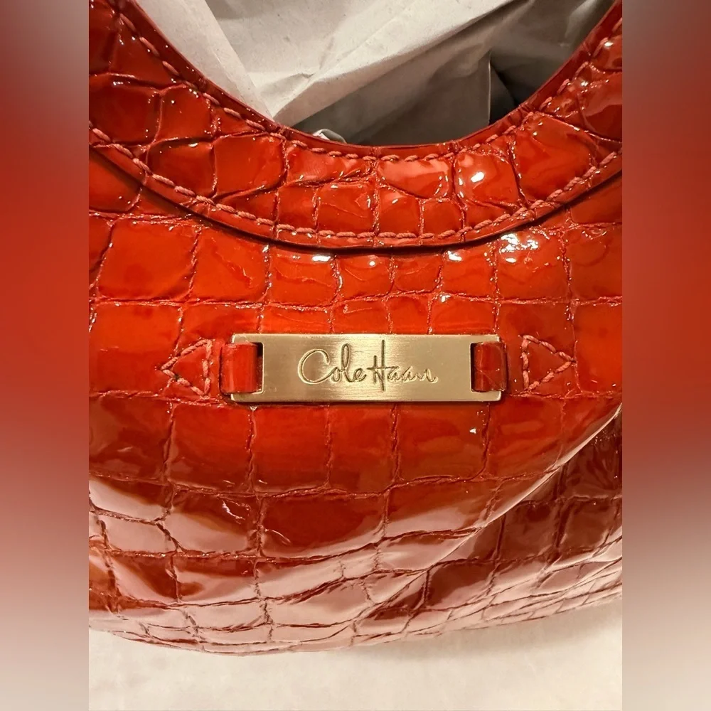 Cole Haan Red Croc-Embossed Patent Leather Hobo Shoulder Bag